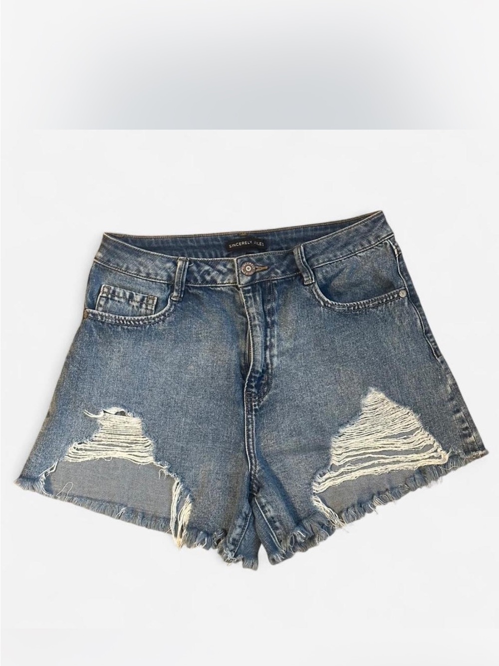 Sincerly Jules Distressed Blue High-Rise Denim Shorts